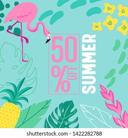 Summer Sale poster with tropic leaves, flowers, flamingoes, advertisement banner  tropical background in modern flat style, flash spring special offer, poster vacation ad, flyer. Vector illustration 