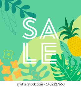 Summer Sale poster with tropic leaves and flowers, advertisement banner and tropical background in modern flat style, flash spring special offer, poster vacation ad, flyer. Vector illustration 