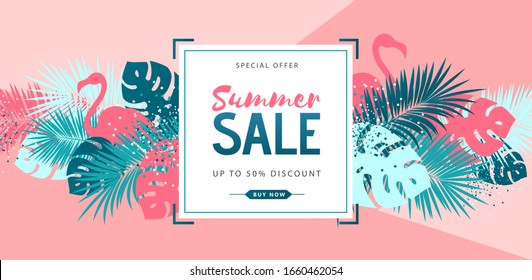 Summer sale poster with tropic leaves and flamingo. Summer background