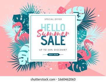 Summer sale poster with tropic leaves and flamingo. Summer background