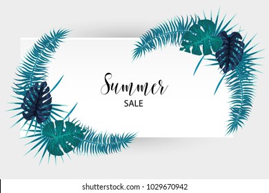 Summer sale poster. Tropical background vector palm leaf. Exotic summer jungle tree. Hawaii plant pattern decoration design. Botanical tropic monstera leaf fashion element. Colorful travel banner