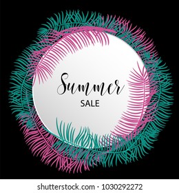Summer sale poster. Tropical background vector palm leaf. Exotic summer jungle tree. Hawaii plant pattern decoration design. Botanical tropic monstera leaf fashion element. Colorful travel banner