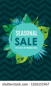 Summer sale poster with tropical exotic leaf. Vertical flyer with monstera, palm, banana on black zig zag pattern. Ad design for special offer - cosmetics health care product, spa. Black background