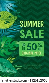 Summer sale poster with tropical exotic leaf. Vertical flyer with monstera, palm, banana on black zig zag pattern. Ad design for special offer - cosmetics health care product, spa. Black background