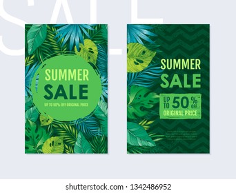 Summer sale poster with tropical exotic leaf. Vertical flyer with monstera, palm, banana on black zig zag pattern. Ad design for special offer - cosmetics health care product, spa. Black background