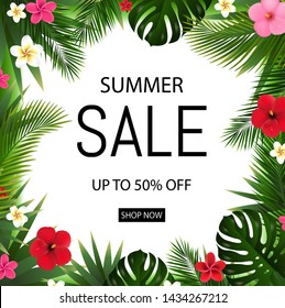 Summer sale poster With Tropical Flowers And Leaves With Gradient Mesh, Vector Illustration