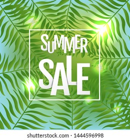 Summer Sale Poster With Tropical Leaf With Gradient Mesh, Vector Illustration