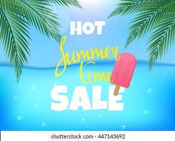 Summer  Sale Poster. Sale Summer vector illustration with beach, ocean and palm leaves.