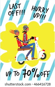 Summer sale poster. Vector illustration. Man and woman riding a vespa scooter. Last off design with love couple traveling by motorbike. Up to 70% off!