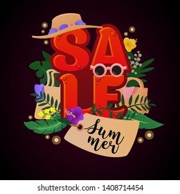 Summer Sale Poster. Vector isolated Graphic Design Illustration. Summer, Season, spring offer. Tropical, natural, jungle, island life. Banana, palm leaves, flowers, water drops. Shopping bag, hat