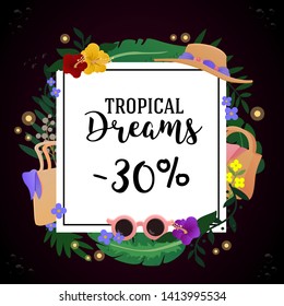 Summer Sale Poster. Vector isolated Graphic Design Illustration. Jungle, banana, palm leaves, flowers, fern, shopping bags, hat, glasses. Natura, botanical, floral, organic. Flat, cartoon, comic style