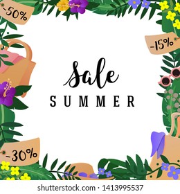 Summer Sale Poster. Vector isolated Graphic Design Illustration. Jungle, banana, palm leaves, flowers, fern, shopping bags, hat, glasses. Natura, botanical, floral, organic. Flat, cartoon, comic style