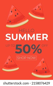 Summer sale poster. Vertical banner , template for, ads. Vector Summer sale banner in modern design with watermelon slices. Banner with button "Shop now".