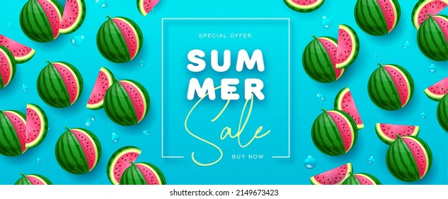 Summer sale poster with watermelon on blue background. Summer watermelon background. Vector illustration