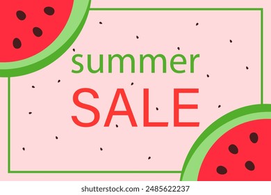 A summer sale poster with watermelon slices on a pink background. Summer watermelon background. Vector illustration