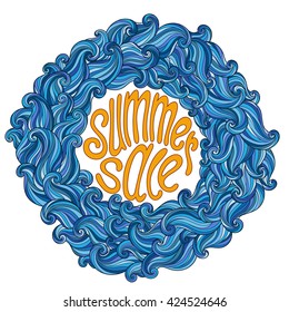 Summer Sale Poster With Wave, Doodle Hand Drawn Vector Illustration