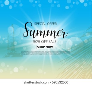 Summer sale  poster yach silhouette on tropical beach background