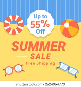 Summer Sale poster in yellow background for social media ads up to 55% off. Free Shipping. Vector. 55% discount. Illustration. 