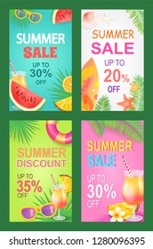 Summer sale posters set offer vector. Proposition and good deal bargain of shop. Sunglasses and cocktail with straw, watermelon juicy fruit with seeds