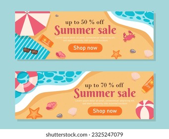 Summer sale posters set. Top view of sandy beach with sea or ocean. Special and limited offer. Discounts and promotions, marketing. Cartoon flat vector collection isolated on blue background
