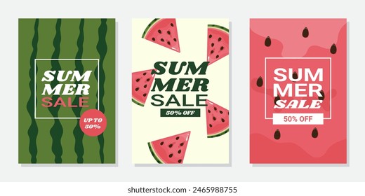 Summer sale posters set, watermelon theme,  banners for social media post template, vertical banner layout template.