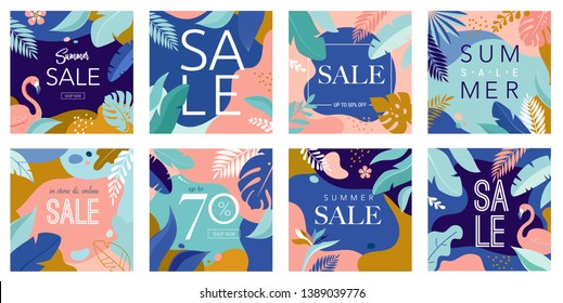 Summer Sale posters with tropic leaves and flamingo, banner and background in modern flat style. Vector illustration