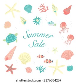 Summer sale poster.Vector illustration of seashells and sea creatures.