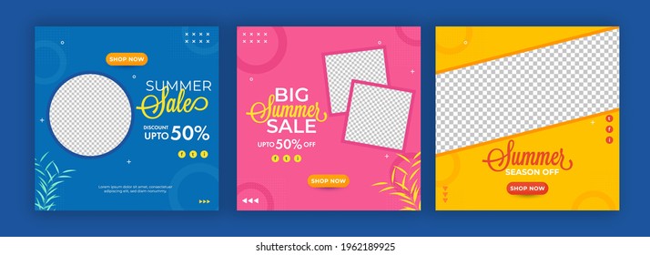 Summer Sale Posts Or Template Design With 50% Discount Offer And Space For Image In Three Color Options.