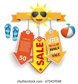 Summer sale price stickers with sun face, flip-flops and beach ball. Eps 10 vector file.