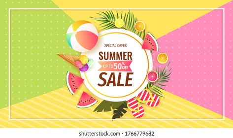 Summer sale promo banner with summer elements, fruits, ice cream. Vector illustration for special offer, flyer, advertising, commercial, banner.