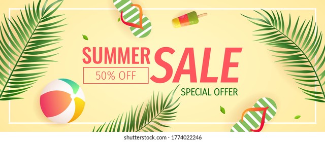 Summer sale promo banner with summer elements, tropical leaves, flip flops. Vector illustration for special offer, flyer, advertising, commercial, banner.