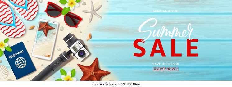 Summer sale promo banner. Horizontal banner with realistic seashells, starfishes and vacation things on beach sand and wooden texture. Vector illustration with special discount offer.