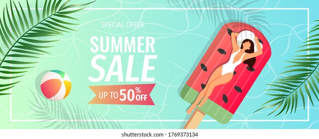 Summer Sale Promo Banner With Swimming Woman, Tropical Leaves, Beachball. Vector Illustration For Special Offer, Flyer, Advertising, Commercial, Banner.