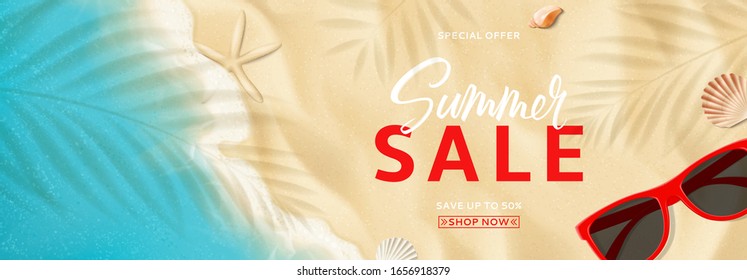 Summer sale promo banner. Top view on sea beach with soft waves. Vector illustration with plant's shadows. Beautiful background with seashells and red sun glasses. Seasonal discount offer.