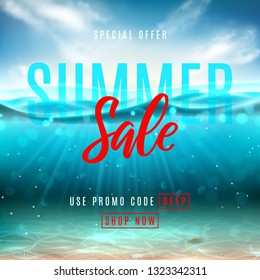 Summer sale promo banner. Vector illustration with deep underwater ocean scene. Background with realistic clouds, sea horizon and marine bottom with seashells.