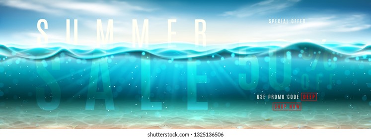 Summer sale promo banner. Vector illustration with deep underwater ocean scene. Background with realistic clouds, sea horizon and marine bottom with seashells.