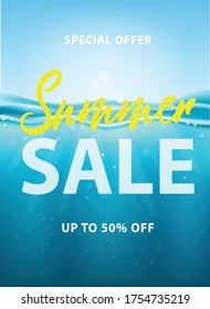 Summer sale promo banner. Vector illustration with deep underwater ocean scene. Background with realistic clouds, sea horizon and marine bottom with seashells.