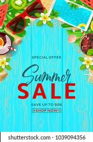 Summer sale promo flyer. Top view on Summer decoration with cocktails and fresh fruit on wooden texture. Vector illustration with special discount offer. Concept of seasonal vacation.