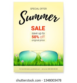 Summer sale. Promo poster with 50 percent discount. Handwriting text on hot background. Sunglasses are lying in green juicy grass. Template for discount actions, promo events in shops and markets
