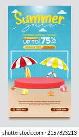 Summer sale promo seasonal poster template under sunlight with product display on beach scene background