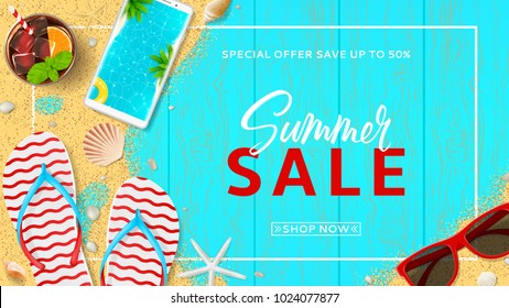 Summer sale promo web banner. Top view on red sun glasses, seashells, cocktail, smartphone, flip flops and sea sand on wooden texture. Vector illustration with special discount offer.