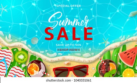 Summer sale promo web banner template. Top view on Summer decoration with realistic objects on beach. Vector illustration with special discount offer. Concept of seasonal vacation in tropical country.