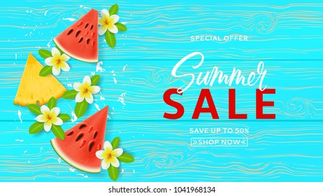 Summer sale promo web banner. Top view on Summer composition with tropical fruit and plumeria flowers on wooden texture. Vector illustration with special discount offer.