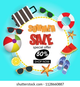Summer Sale promo web banner. Vector illustration with summer element.