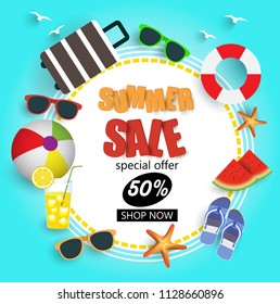 Summer Sale promo web banner. Vector illustration with summer element.