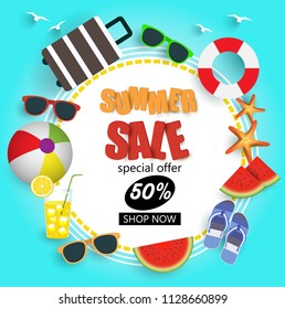 Summer Sale promo web banner. Vector illustration with summer element.