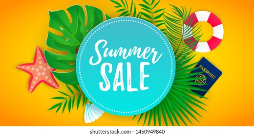 Summer sale promo web banner decorate with tropical palm leaves, sea star, shell, passport, lifebuoy. Voucher tourism discount design background horizontal template. Vector illustration