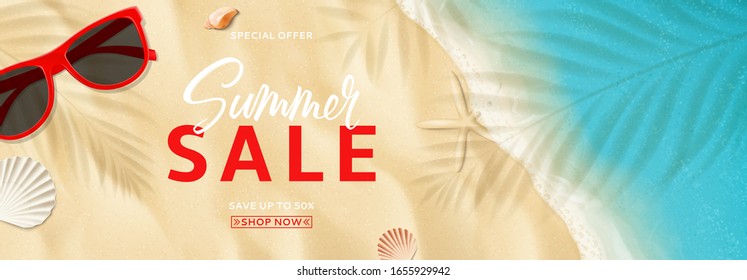 Summer sale promo web banner. Top view on sea beach with soft waves. Vector illustration with plant's shadows. Beautiful background with seashells and red sun glasses. Seasonal discount offer.