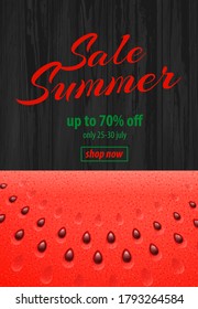 Summer Sale promo web banner with Watermelon Slice on Dark Wooden Background. Top view Vector illustration with special discount offer.