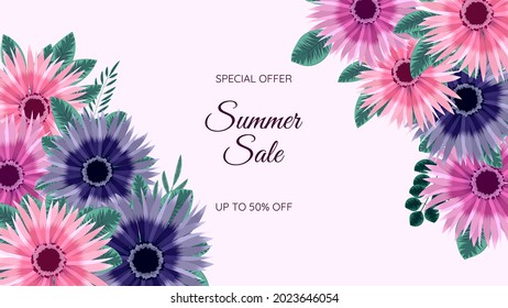 Summer Sale promo web banner. multi colour editable floral frame background template with flowers, leaves, nature element. Vector illustration with spesial discount offer promotion marketing campaign